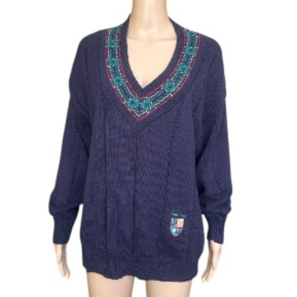 Vintage 90s Isle of Cotton Navy Blue V-Neck Sweater with Embroidered Crest L